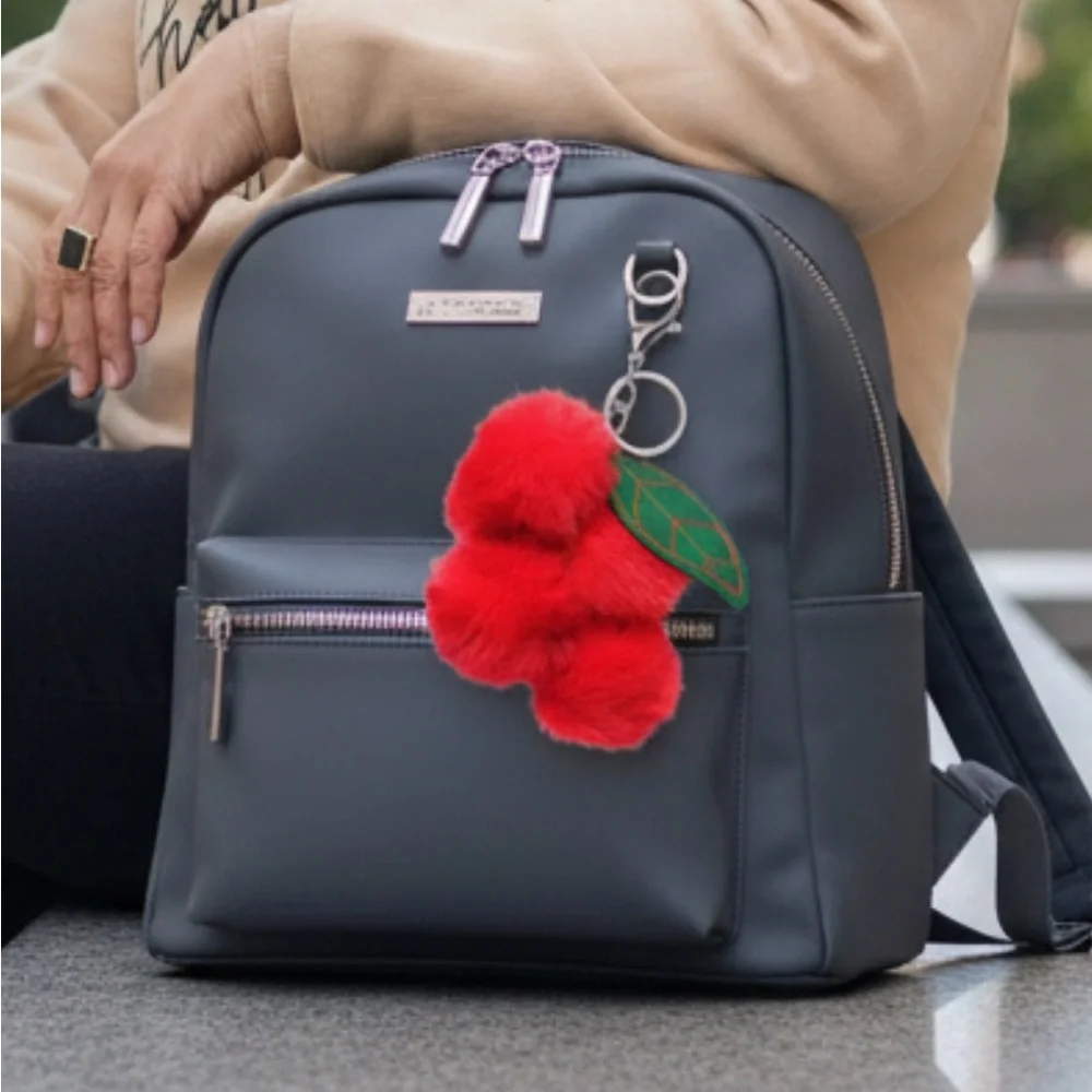 Vibrant Red Cherry Pom Pom Keychain